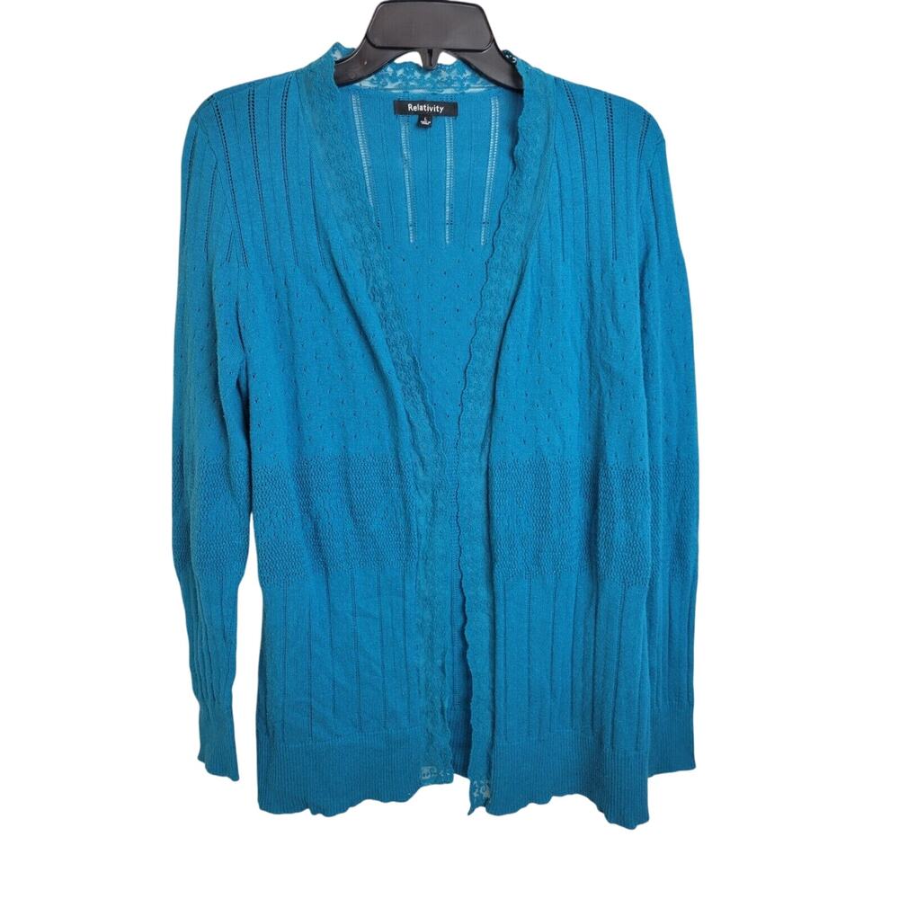 Relativity Greenish Blue Open Front Knitted Cardigan Sweater Women's Size Large